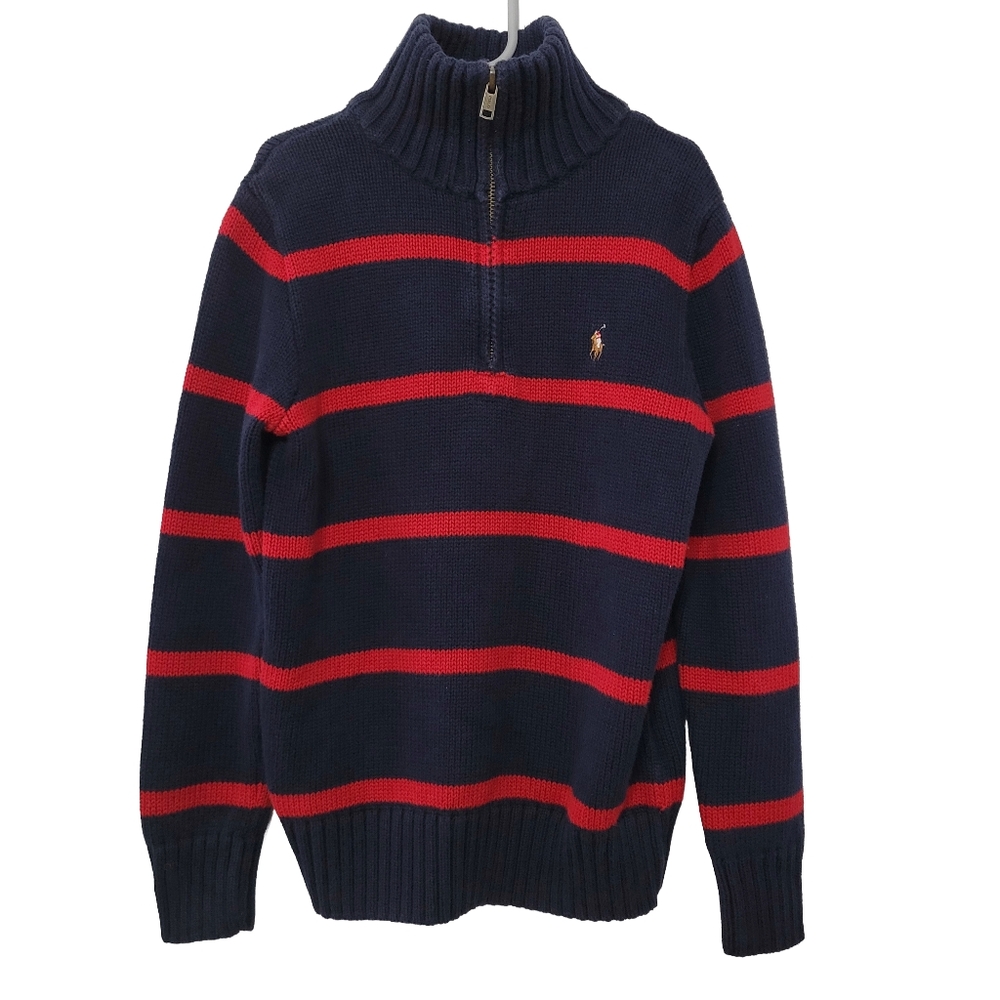 Polo Ralph Lauren Boys Striped Knit Quarter Zip Pullover Size S Navy Red Stripe